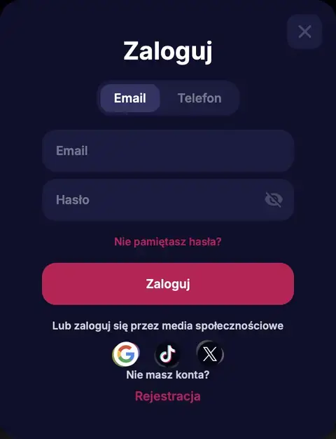 Okno logowania NV Casino: zakładki Email i Telefon, pole hasła, logowanie przez Google, TikTok i X